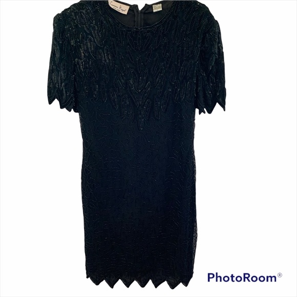 Vintage 80s Lawrence Kazar Sequin Abstract Bead Silk Scallop Flapper Min… - Picture 3 of 16